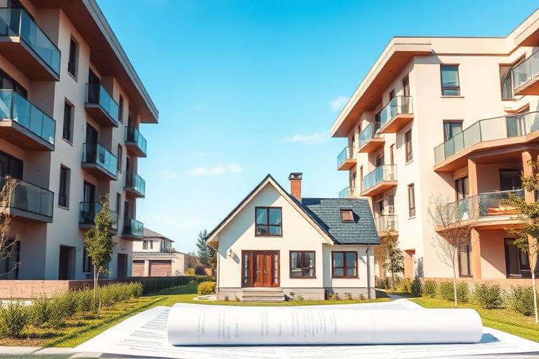 Prédios residenciais e documentos de financiamento imobiliário